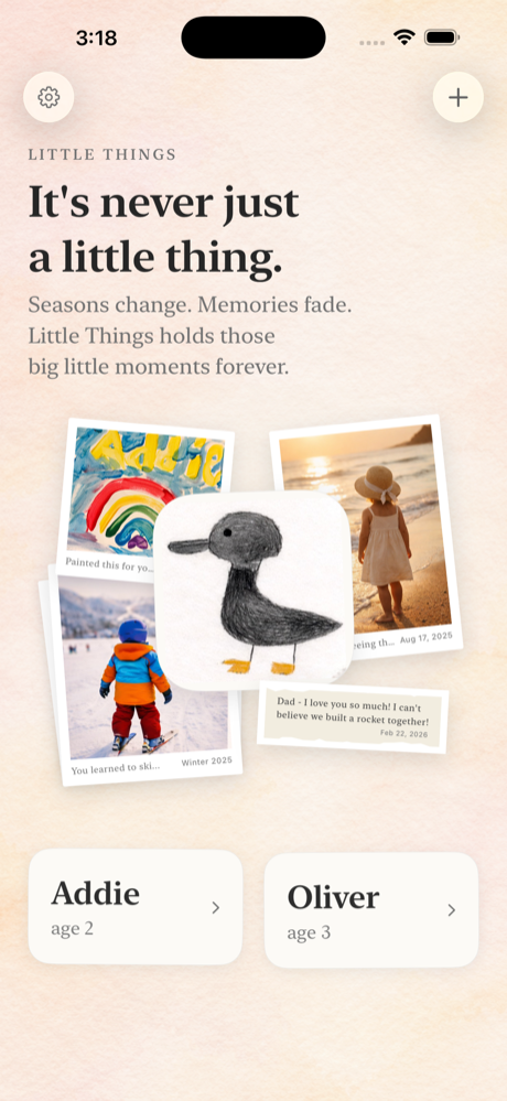 Home screen with child journals and scattered photos